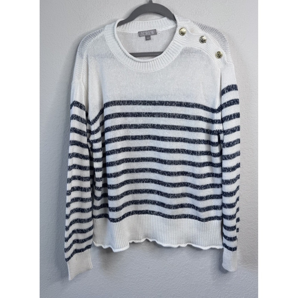 J.Crew Nautical Stripe Linen Cotton Sweater  Womens L Anchor‎ Button Preppy